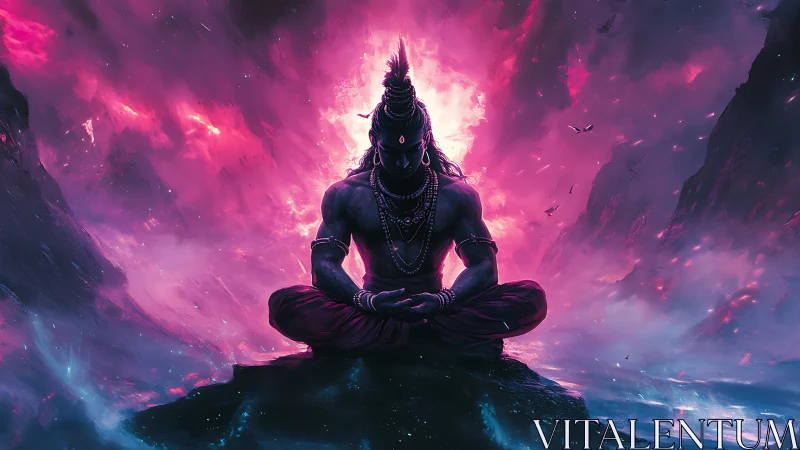 Silhouetted meditating figure before luminous cosmic sky.