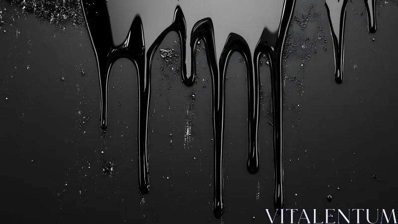 Glossy black liquid drips over dark textured surface.