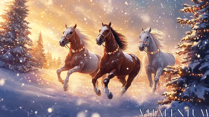 Three horses running through illuminated snowy forest scene.