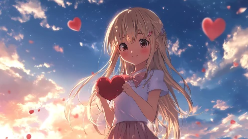 Anime girl holding heart under glowing sunset sky.