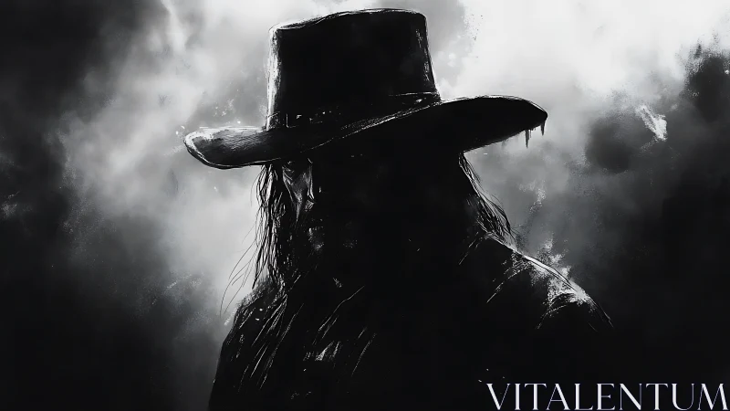 Shadow-bitten gunslinger dissolves into stormy monochrome haze