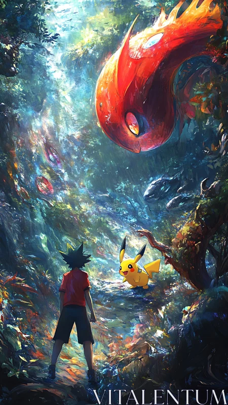 Trainer and electric creature confront giant spirit fish