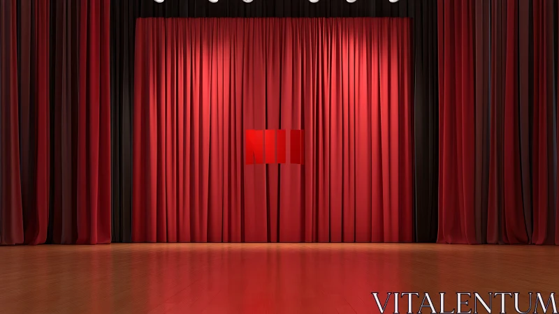 Red theater stage curtain hangs closed over wood floor