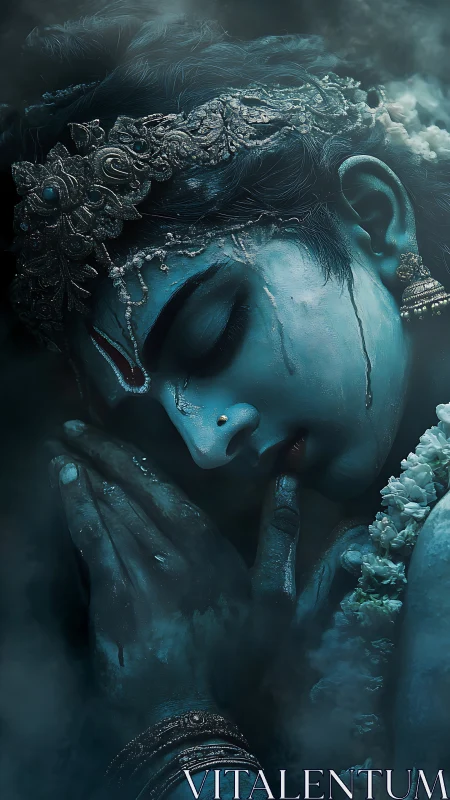 Blue devotional portrait with jeweled crown and misted tears.