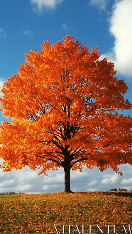 Solitary deciduous tree with orange foliage on open hilltop.