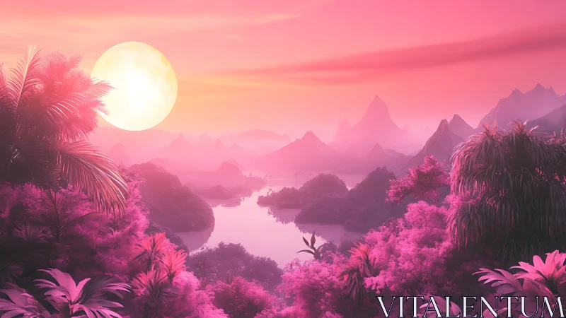 Neon pink moonrise bathes a dreamlike tropical valley in glow