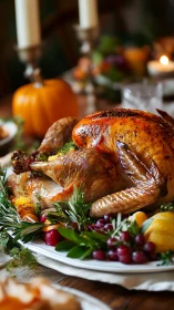Roast turkey centerpiece with herbs, grapes, and candlelit bokeh.
