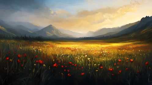Golden wildflower valley under dramatic mountain dusk sky.