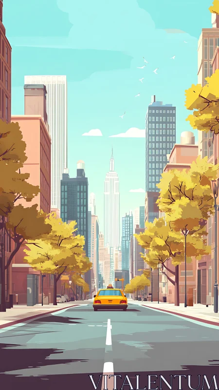 Yellow taxi drives through sunny city street with trees