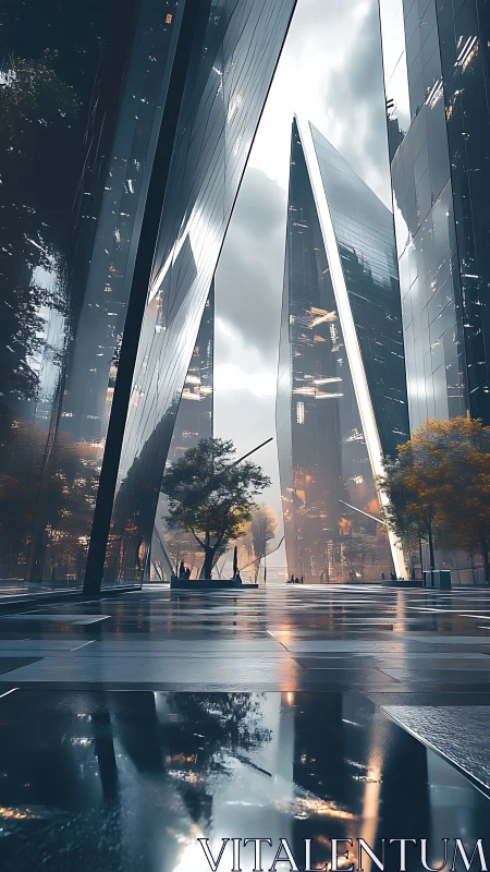 Skyscraper Canyon Urban Architecture Reflected in Wet Pavement