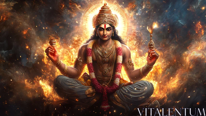 Deity figure in seated pose amid luminous fiery halo.