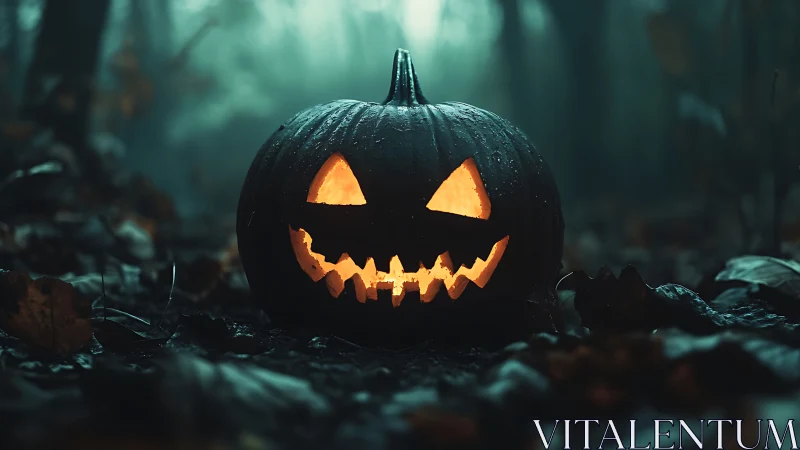 Carved jack o lantern in damp forest setting at dusk.