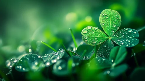 Single clover leaf holds fresh morning dew in soft green bokeh