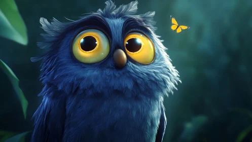 Wide-eyed cartoon owl gazes at butterfly in dreamy forest scene.