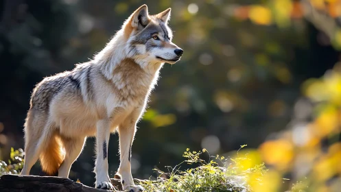 Wolf stands alert on forest log in warm backlighting