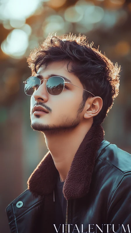 Young man in sunglasses and leather jacket outdoors.