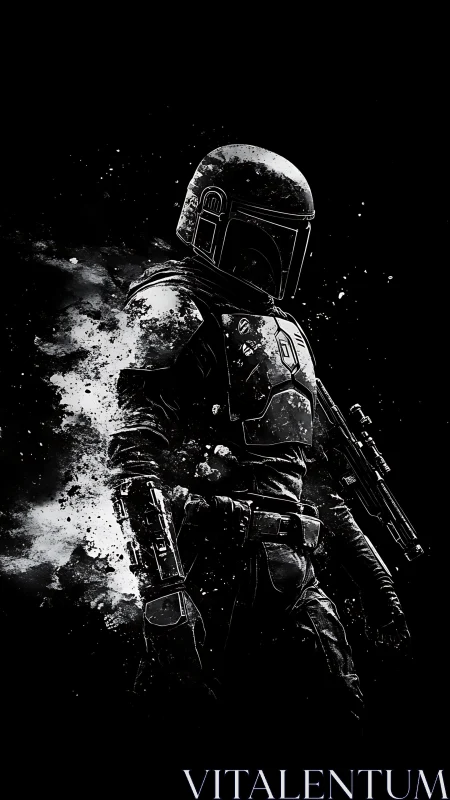 Armored sci‑fi hunter dissolves into monochrome particle field