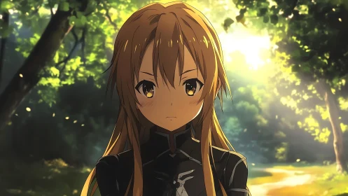 Sunlit forest portrait of stoic anime swordswoman in black armor.