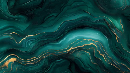 Emerald fluid marble waves flow with luminous golden veins
