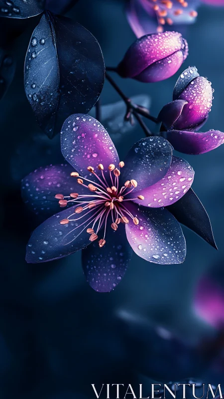 Luminescent Flowers with Water Droplets in Deep Blue and Purple Tones