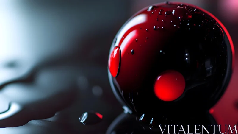 Glossy black and red sphere with water droplets, modern abstract style.