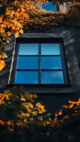 Window reflects deep blue sky amid dense autumn ivy