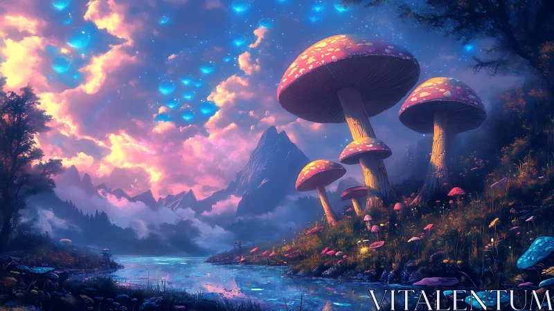 Glowing mushroom forest welcomes a dreamy river at twilight