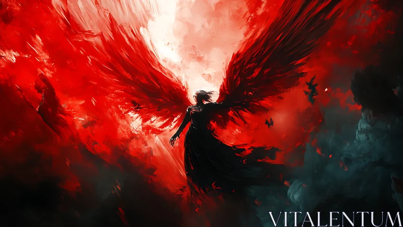 Winged dark figure framed by radial red plume and backlit core