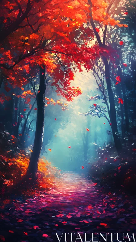 Autumn's Glowing Path Through Misty Woods