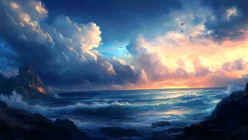 Stormlit ocean horizon under blazing sunset sky.