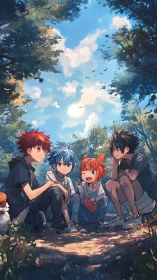 Sunlit forest circle where anime friends trade bright secrets.