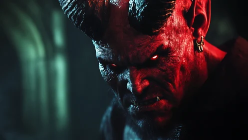 Demonic warrior glares under harsh red rim light in shadow