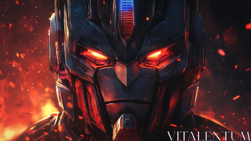 Robotic helmet front view with illuminated red visor elements