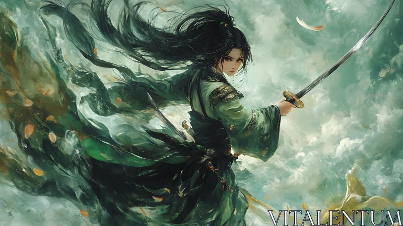 Sword-wielding figure in green robes amid swirling clouds.