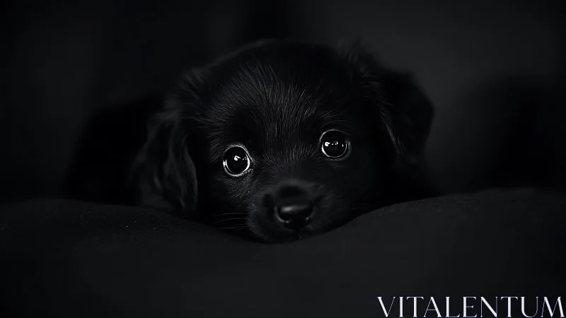 Midnight-eyed puppy nestles in a velvet hush of shadows.