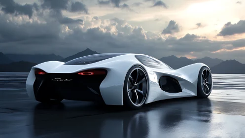 Stormlit hypercar glides across mirrored runway horizon.