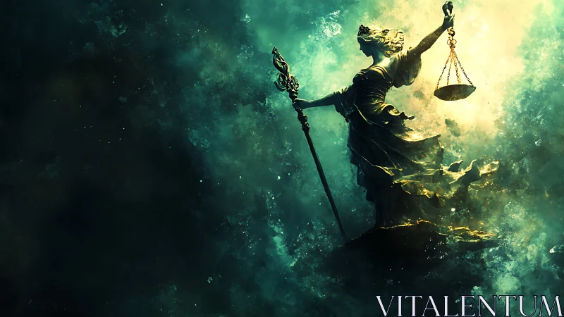 Lady Justice emerges through stormy light to symbolize balance