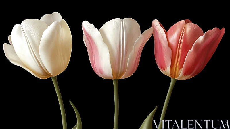 Three Tulips in Chromatic Progression Bloom Against Midnight.