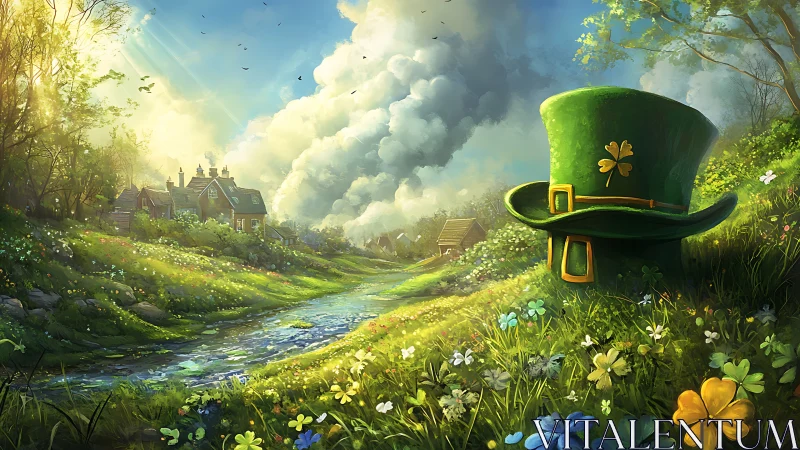 Sunlit Irish meadow unfolds around a magical green hat