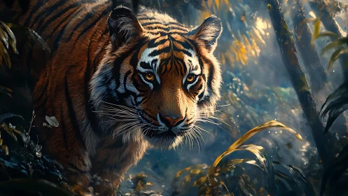 Golden-eyed tiger walks softly through a misty forest dream