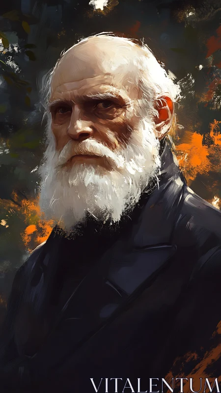 Stoic white-bearded sage emerges from stormy brushstrokes