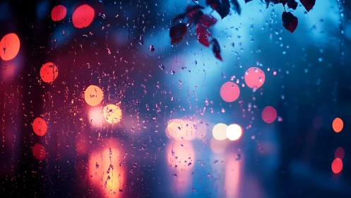Rain‑streaked window isolates urban bokeh lights in dual color contrast