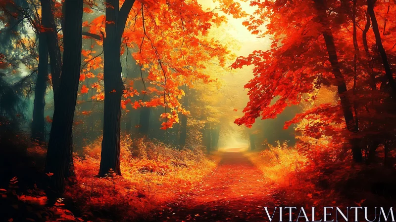 Autumn forest pathway with deciduous trees and golden light.