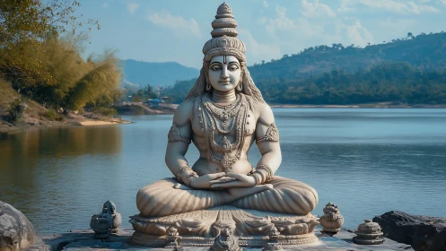 Serene riverfront deity statue rests in peaceful mountain light