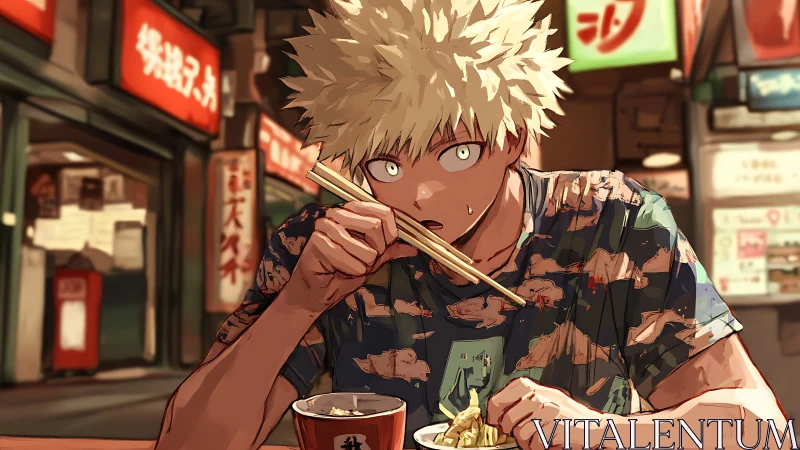 Blond anime boy eats noodles under neon city lights