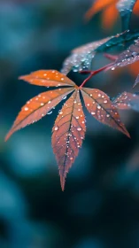 Macro depth-of-field study of wet orange leaf against teal bokeh