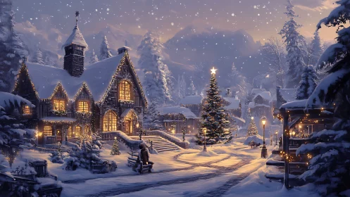 Snowy village glows with cozy lights on a peaceful winter night