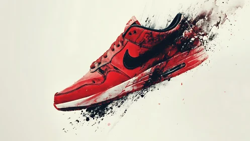 Red sneaker bursts through white space in paint explosion.