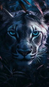 Ethereal Feline Portraiture: Cyan-Eyed Bigcat Digital Rendering.