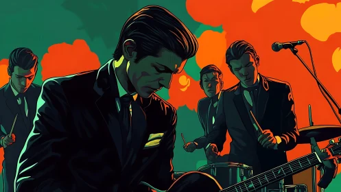 Midnight suited band carves neon rhythms into smokey air